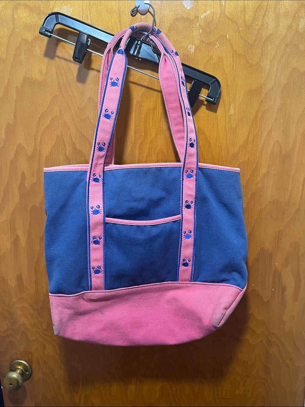 Liz Claiborne Navy and Pink Canvas Tote with Crab-Trim Straps